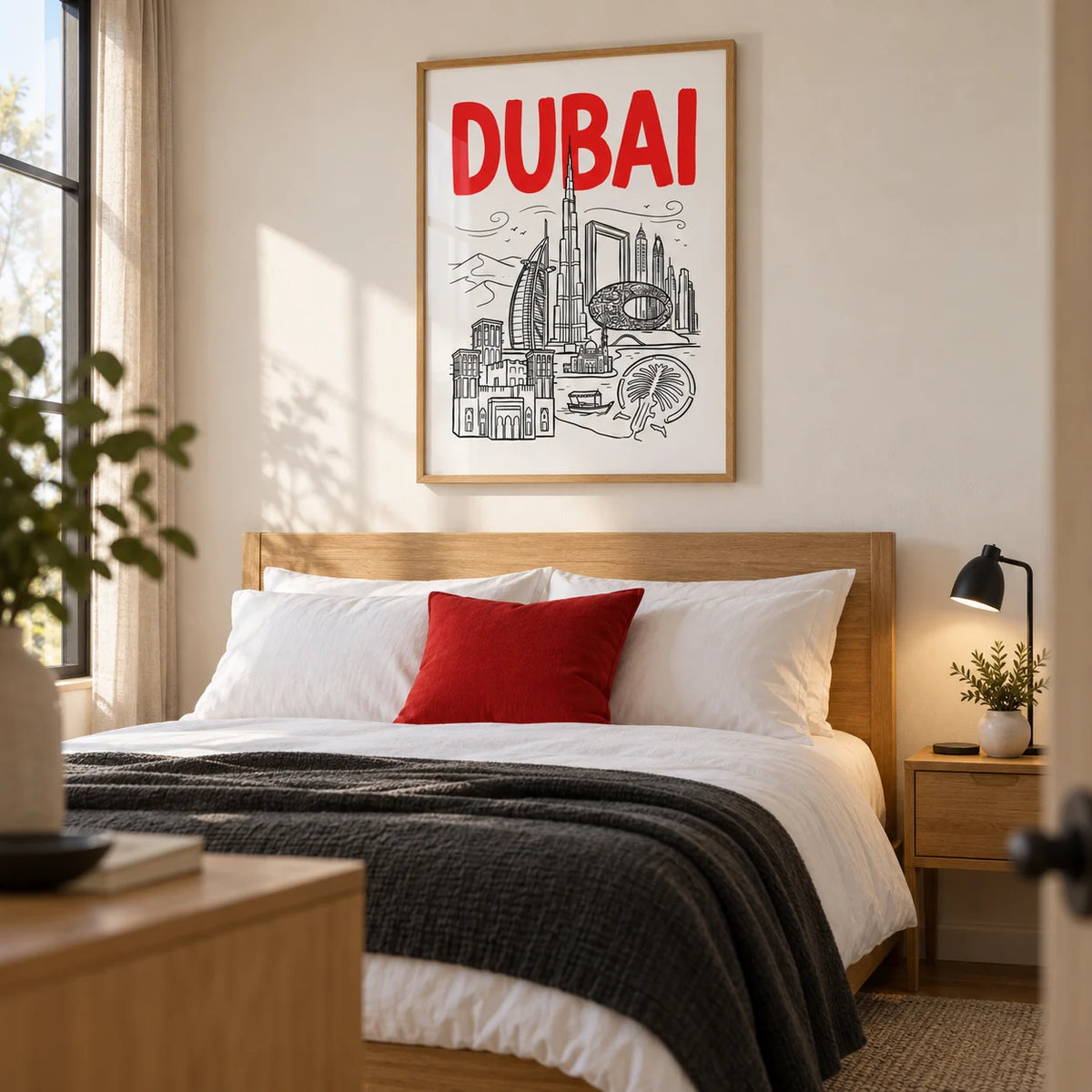 Dubai City Wall Art, framed on the wall of a calm contemporary double bedroom for a travel-loving couple with a warm white wall and oak furniture