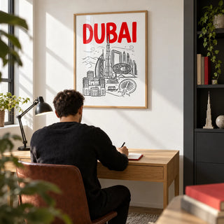 Dubai City Wall Art, framed on the wall of a compact architecture enthusiast's home study with a white wall and a charcoal storage cabinet