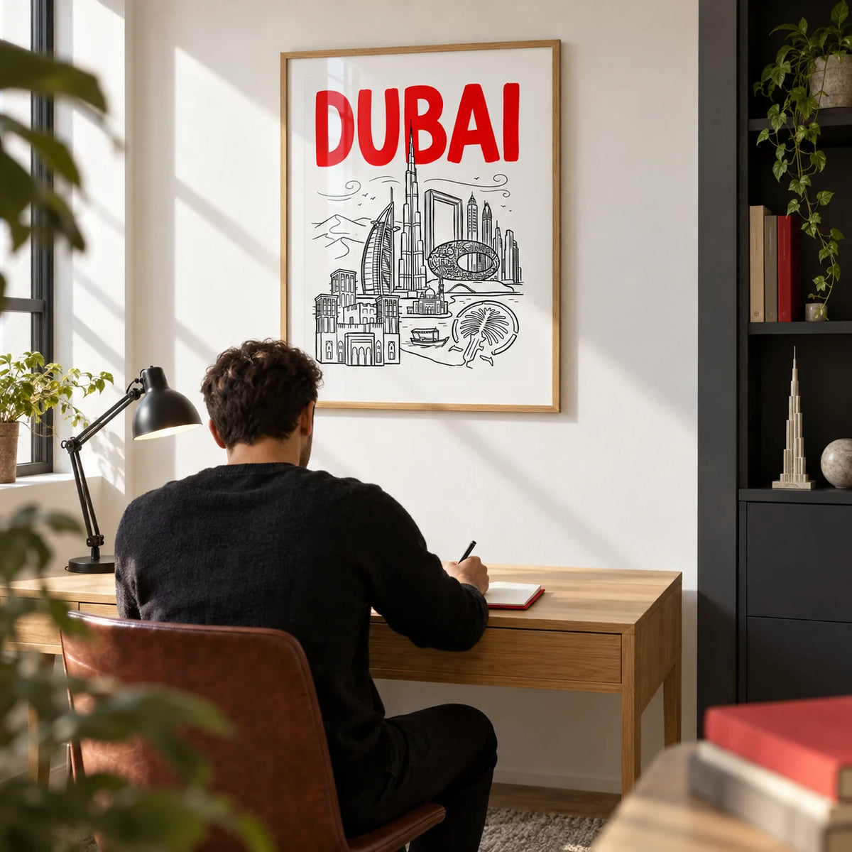 Dubai City Wall Art, framed on the wall of a compact architecture enthusiast's home study with a white wall and a charcoal storage cabinet