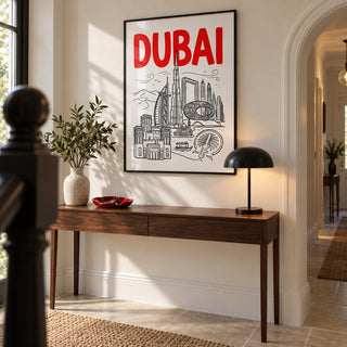 Dubai City Wall Art, framed on the wall of a crisp hallway in a renovated UK terraced house with a warm white wall and pale stone floor
