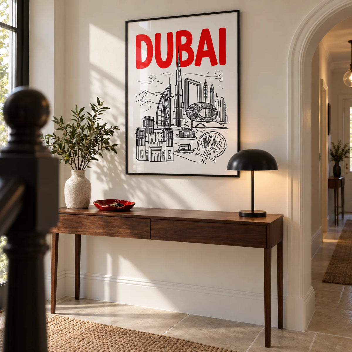 Dubai City Wall Art, framed on the wall of a crisp hallway in a renovated UK terraced house with a warm white wall and pale stone floor