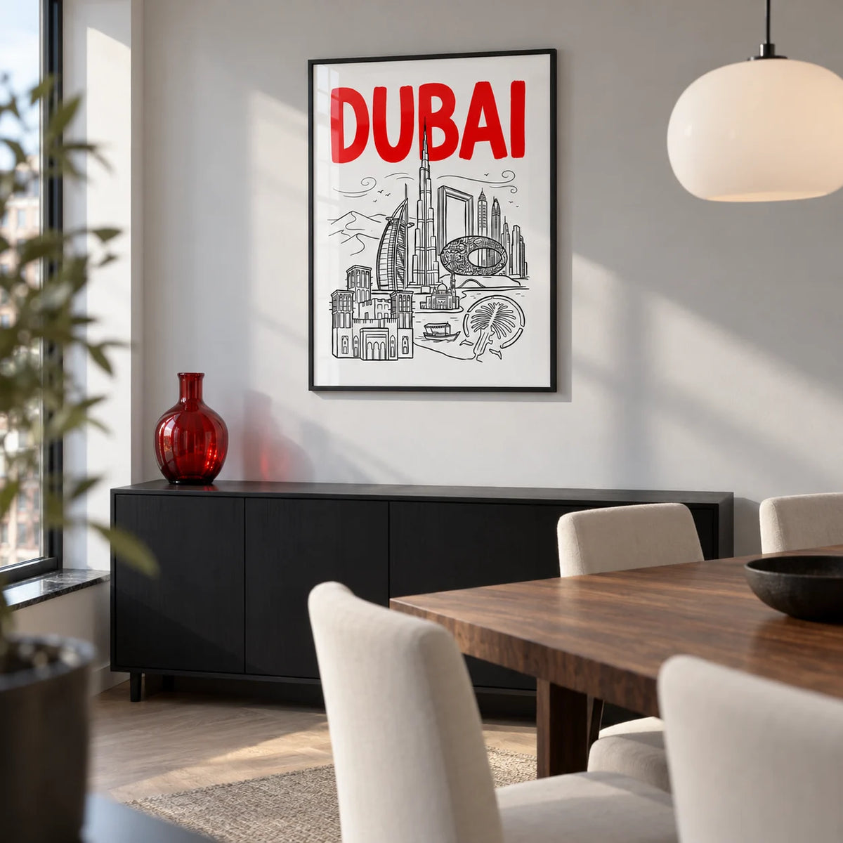 Dubai City Wall Art, framed on the wall of a modern dining room in a UK flat with a pale grey wall and a walnut dining table