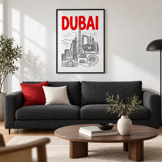 Dubai City Wall Art, framed on the wall of a modern living room in a UK city flat with a white plaster wall
