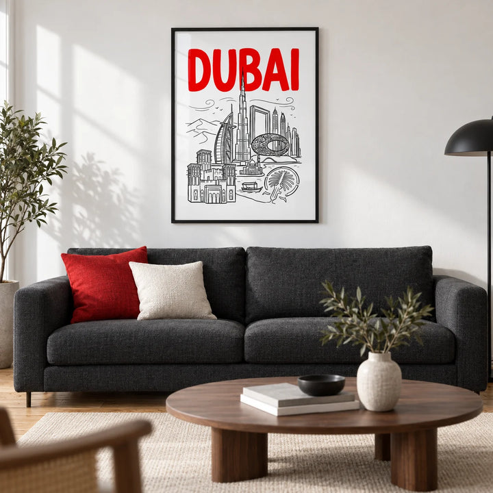 Dubai City Wall Art, framed on the wall of a modern living room in a UK city flat with a white plaster wall