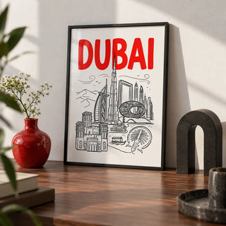 Dubai City Wall Art, a small A4 framed print leaning on a walnut desk