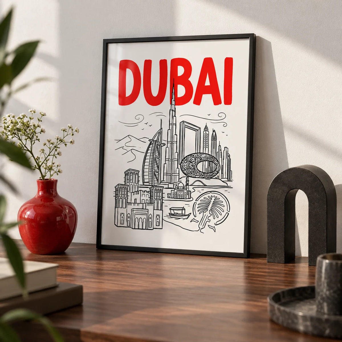 Dubai City Wall Art, a small A4 framed print leaning on a walnut desk