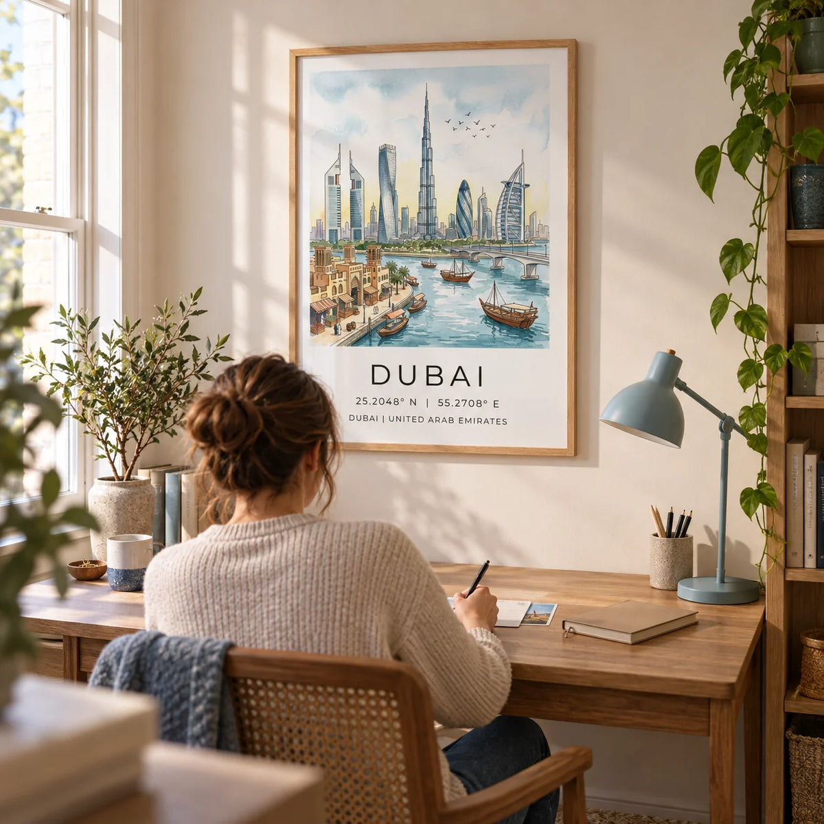 Dubai Skyline Wall Art, framed on the wall of a quiet home study in a UK flat with a warm white wall and an oak desk