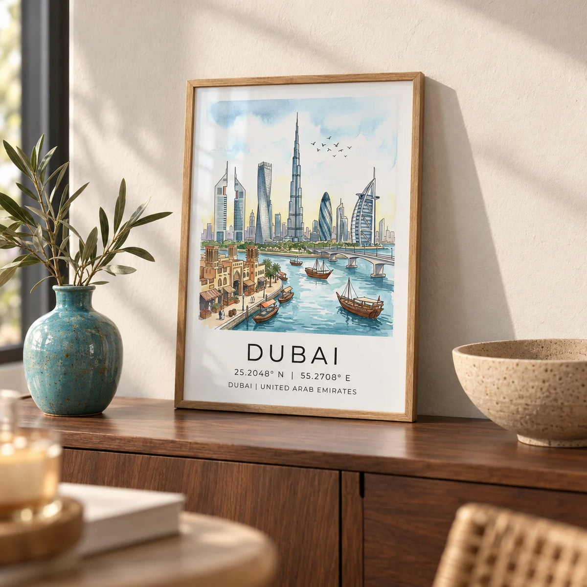 Dubai Skyline Wall Art, a small A4 framed print leaning on a walnut sideboard in a living room