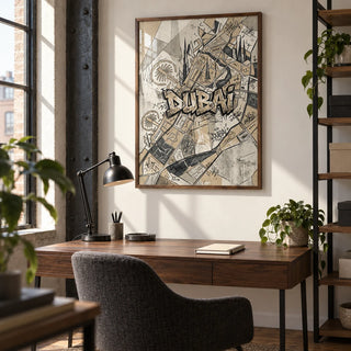 Dubai Street Art, framed on the wall of a compact home office in a converted UK warehouse flat with an off-white wall and a visible steel column