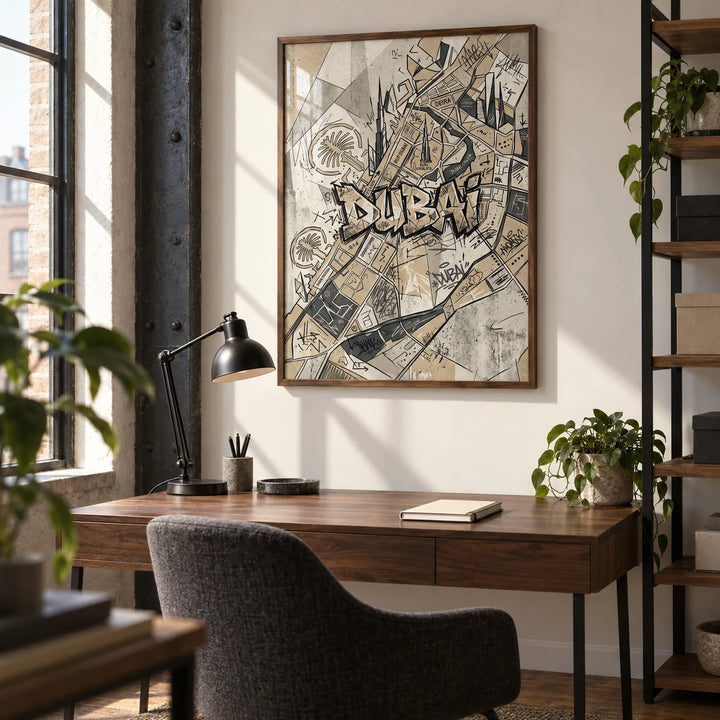Dubai Street Art, framed on the wall of a compact home office in a converted UK warehouse flat with an off-white wall and a visible steel column