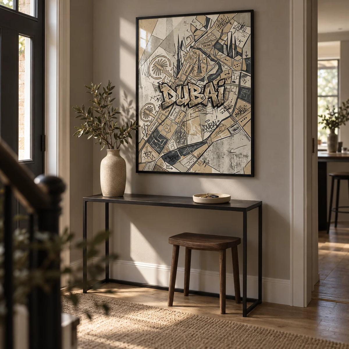 Dubai Street Art, framed on the wall of a contemporary hallway in a UK terraced home with a warm grey wall and plain oak floor