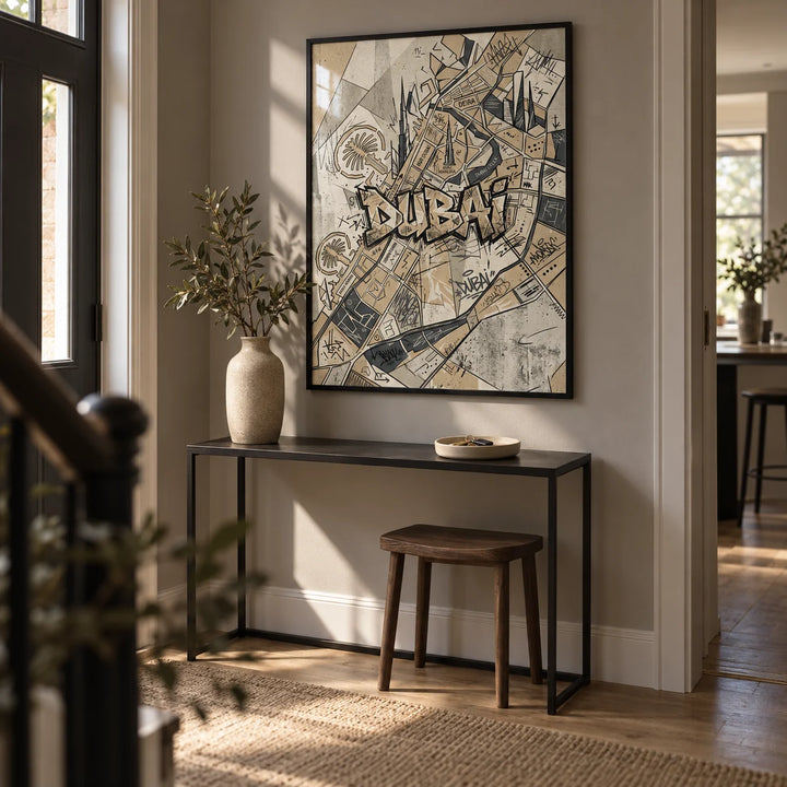 Dubai Street Art, framed on the wall of a contemporary hallway in a UK terraced home with a warm grey wall and plain oak floor