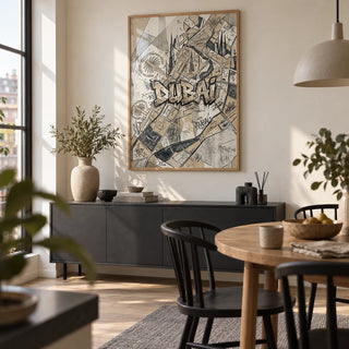 Dubai Street Art, framed on the wall of a design-led dining area in a UK first flat for a travel-loving couple (25-35)
