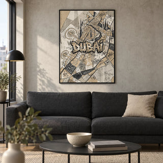Dubai Street Art, framed on the wall of a modern living room in a UK city flat with a pale concrete-effect wall and oak flooring
