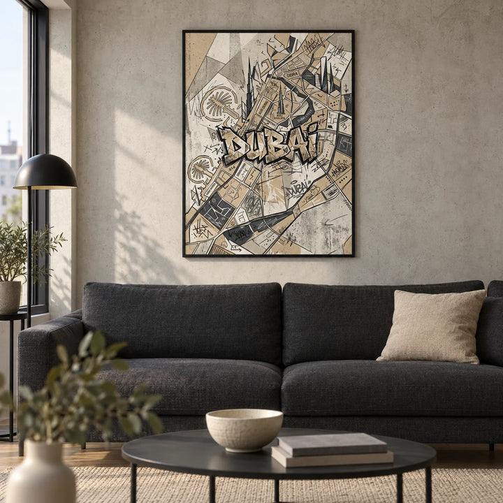 Dubai Street Art, framed on the wall of a modern living room in a UK city flat with a pale concrete-effect wall and oak flooring