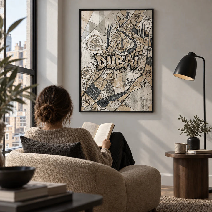 Dubai Street Art, framed on the wall of a modern reading corner in a UK city apartment with a pale grey wall in a living room