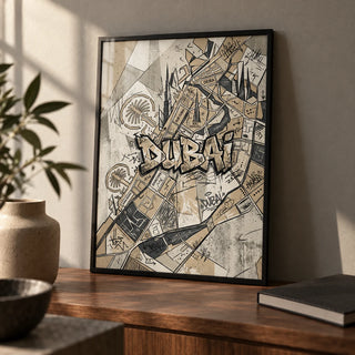 Dubai Street Art, a small A4 framed print leaning on a walnut desk