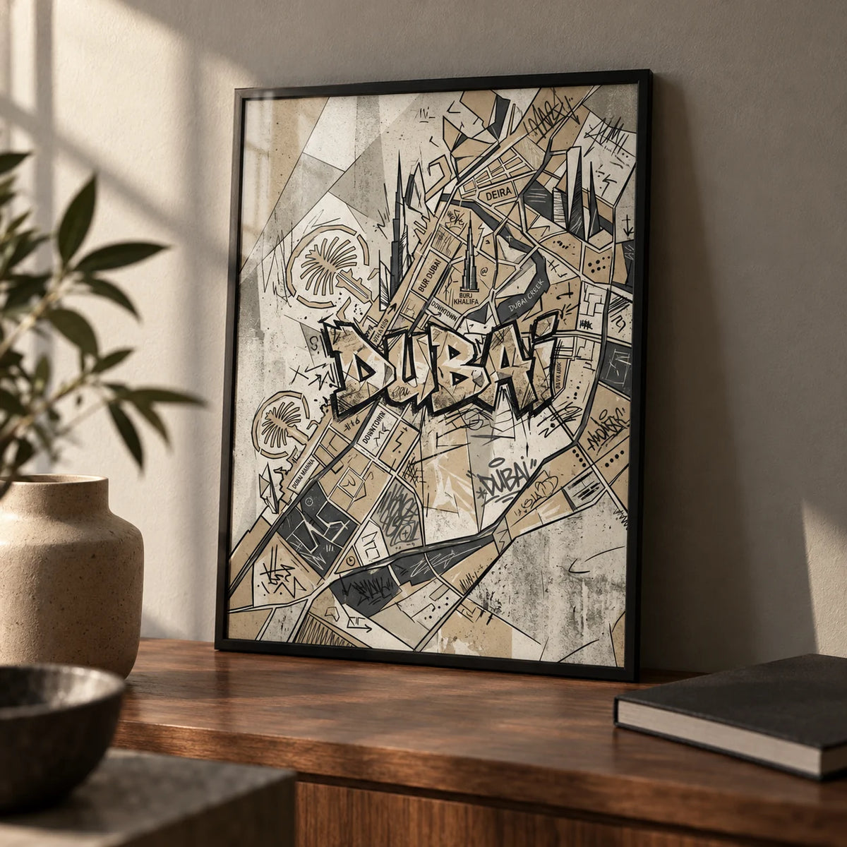 Dubai Street Art, a small A4 framed print leaning on a walnut desk