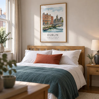 Dublin City Art Print, framed on the wall of a calm guest bedroom in a UK terraced home with soft white walls and simple oak furniture