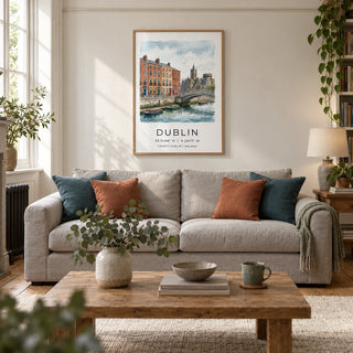 Dublin City Art Print, framed on the wall of a characterful living room in a renovated UK Victorian terrace with warm white plaster