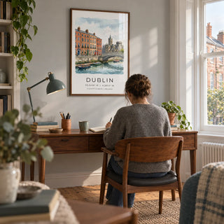 Dublin City Art Print, framed on the wall of a quiet home study in a UK bay-window flat with pale grey walls and original pine floorboards