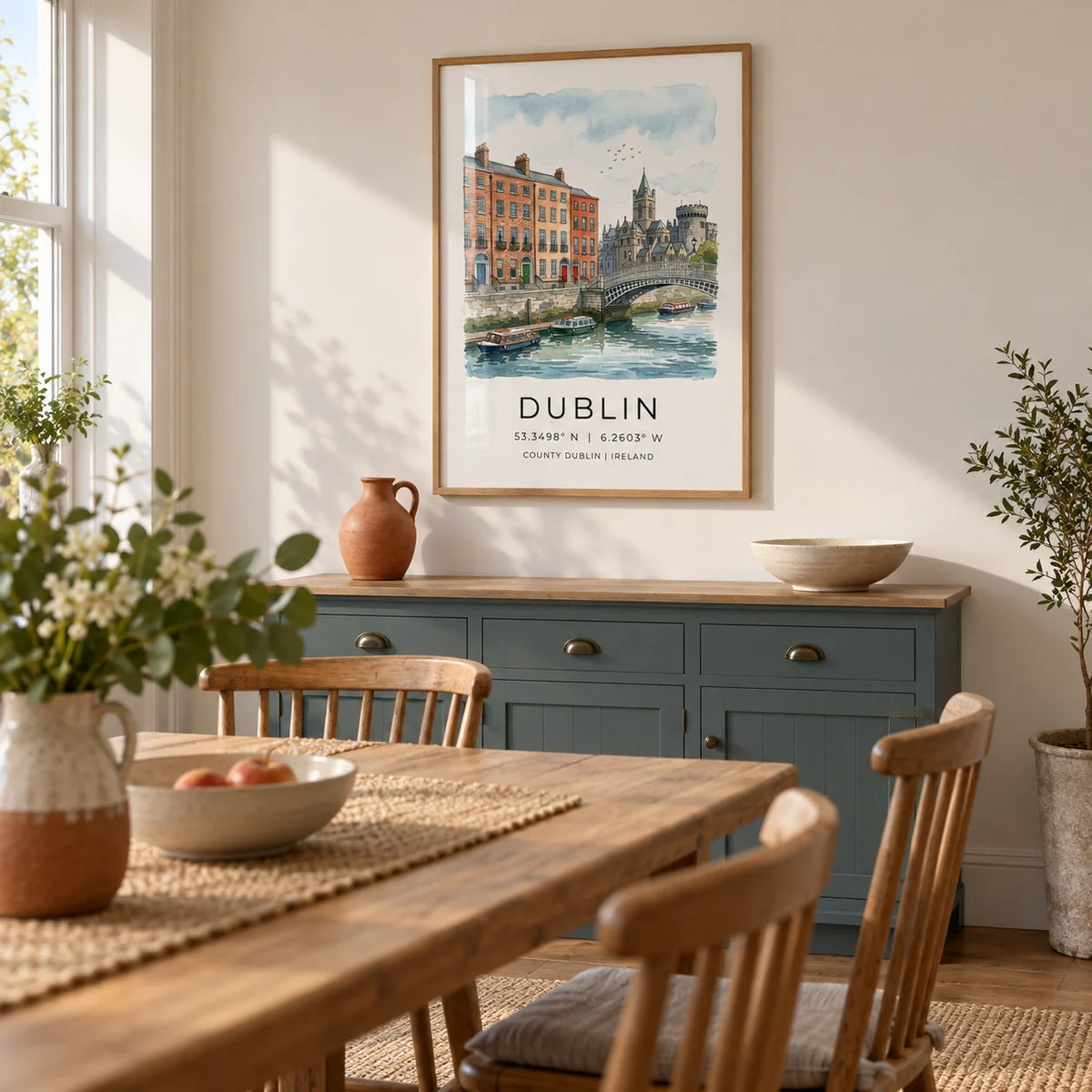 Dublin City Art Print, framed on the wall of a relaxed dining room in a UK family terrace with warm white walls and a solid oak table with spindle-back chairs