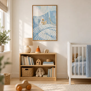 Duck Reading Art Print, framed on the wall of a calm nursery in a UK family home with warm white walls and pale oak floorboards
