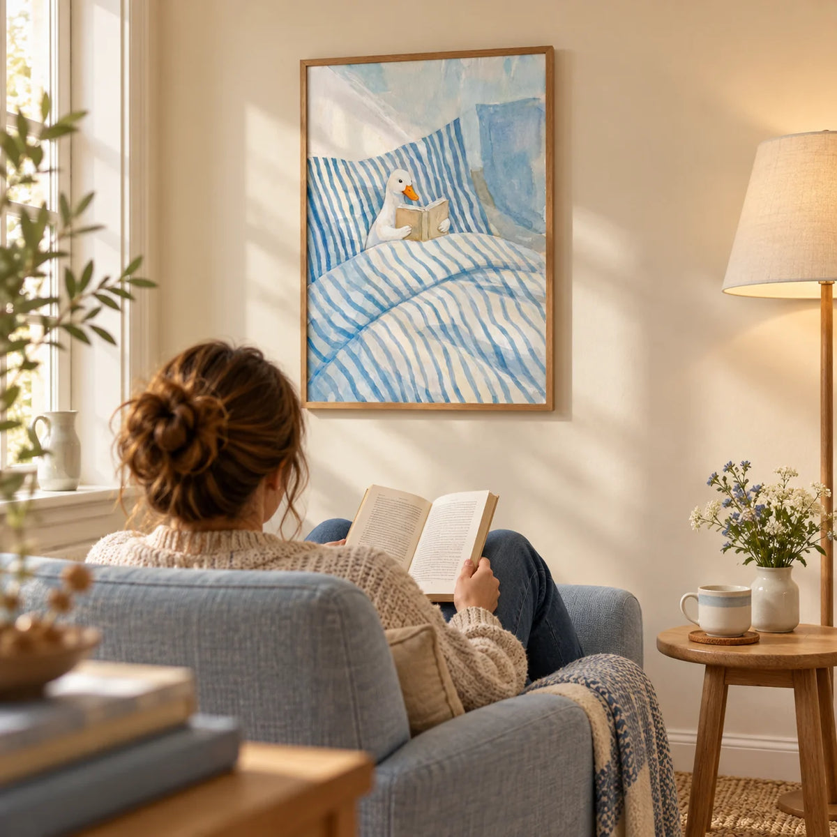 Duck Reading Art Print, framed on the wall of a cosy reading corner in a UK family home with a warm cream wall in a living room