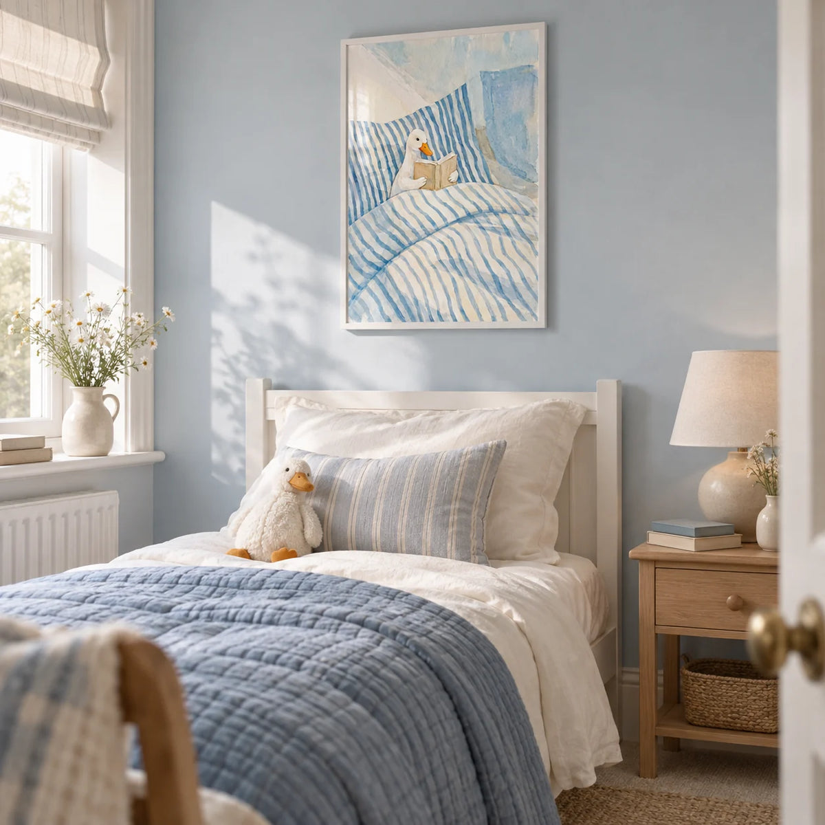 Duck Reading Art Print, framed on the wall of a gentle storybook single bedroom in a UK family home with a pale blue wall