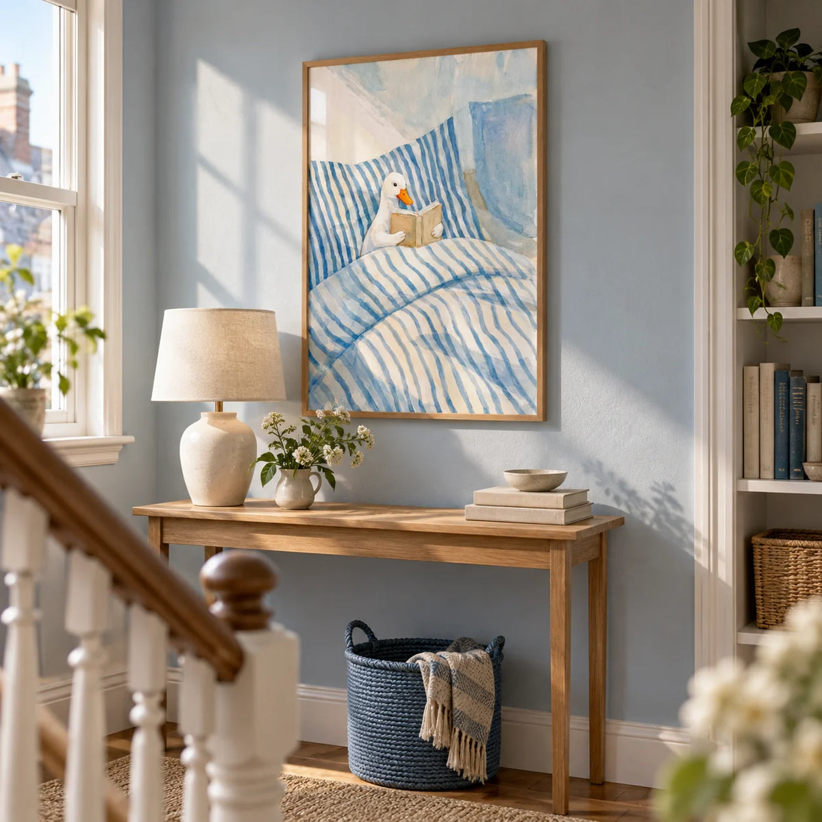 Duck Reading Art Print, framed on the wall of a quiet upstairs landing library in a UK terraced family home with pale blue walls in a hallway
