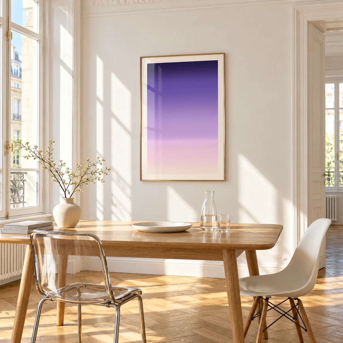 Dusk Wall Art, framed on the wall of a bright dining corner