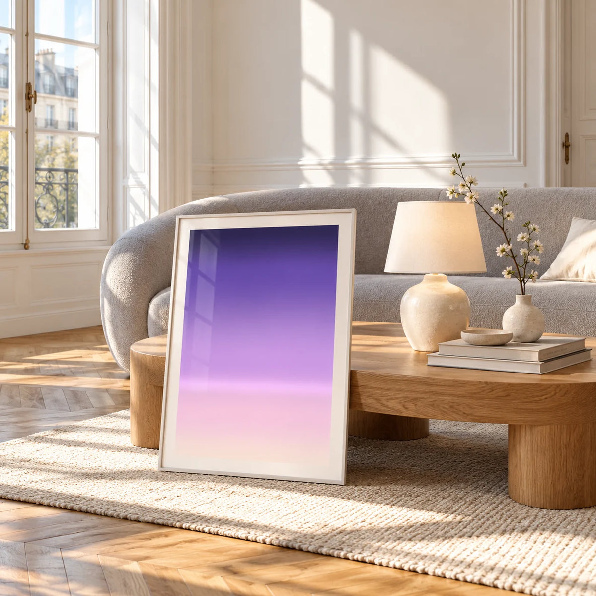 Dusk Wall Art, framed and leaning against a coffee table in a bright living room