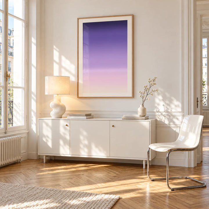 Dusk Wall Art, framed on the wall of a bright Paris style apartment in a living room