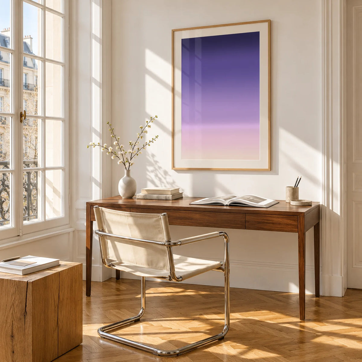 Dusk Wall Art, framed on the wall of a bright study corner with a tall white paned window