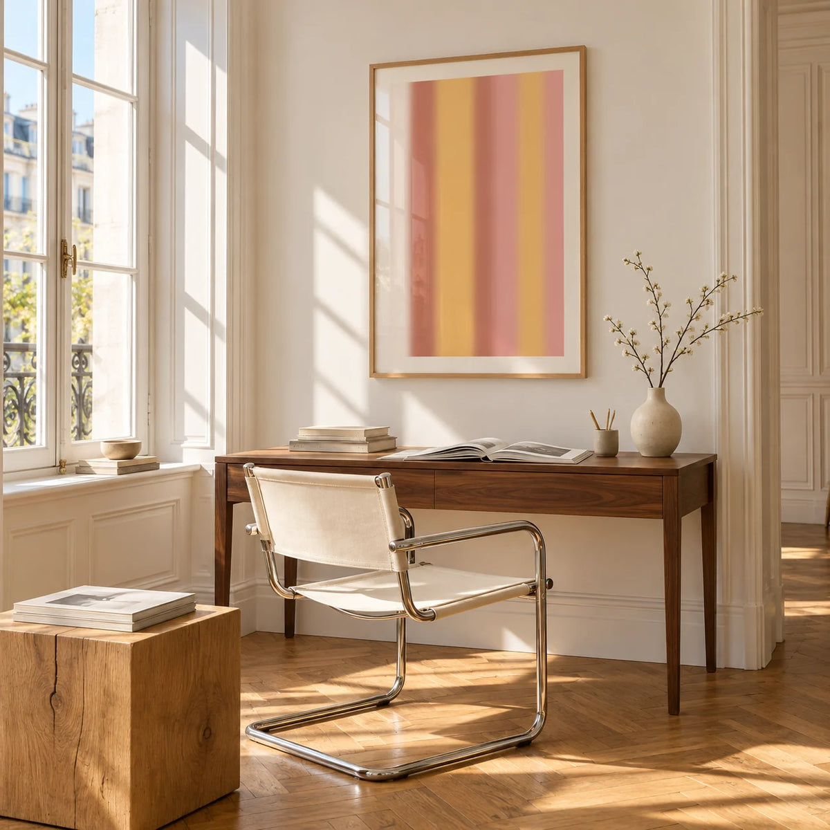 Dusty Pink Wall Art, framed on the wall of a bright study corner with a tall white paned window