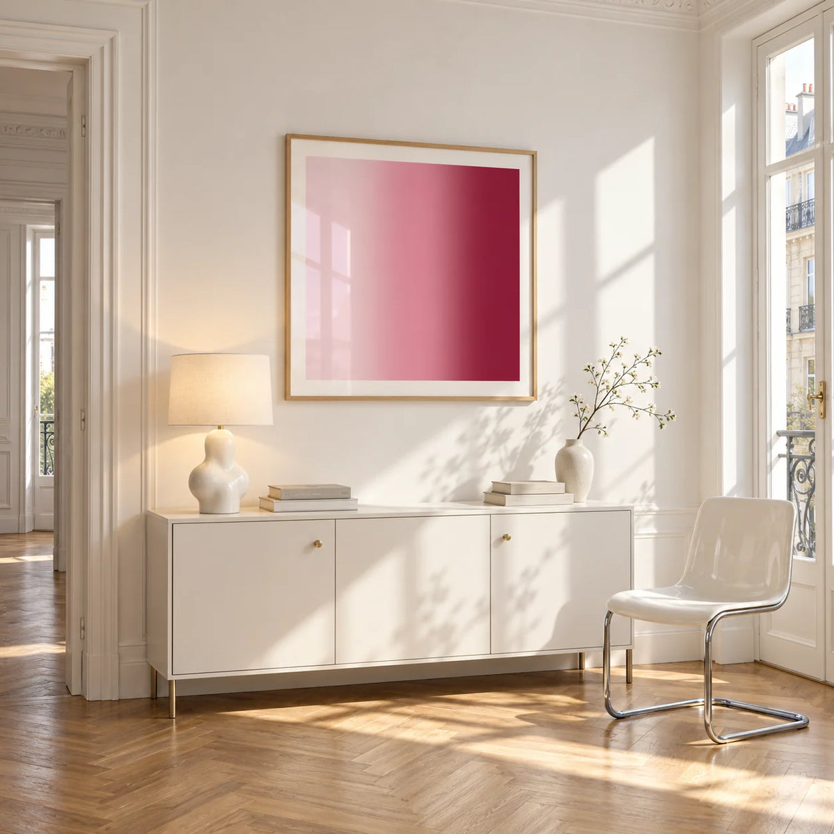 Dusty Rose Wall Art, framed on the wall of a bright Paris style apartment in a living room