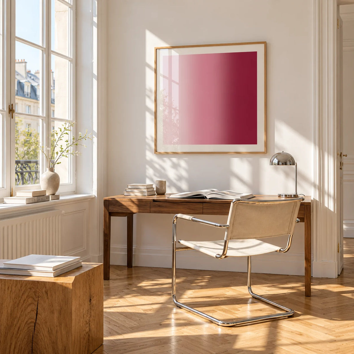 Dusty Rose Wall Art, framed on the wall of a bright study corner with a tall white paned window