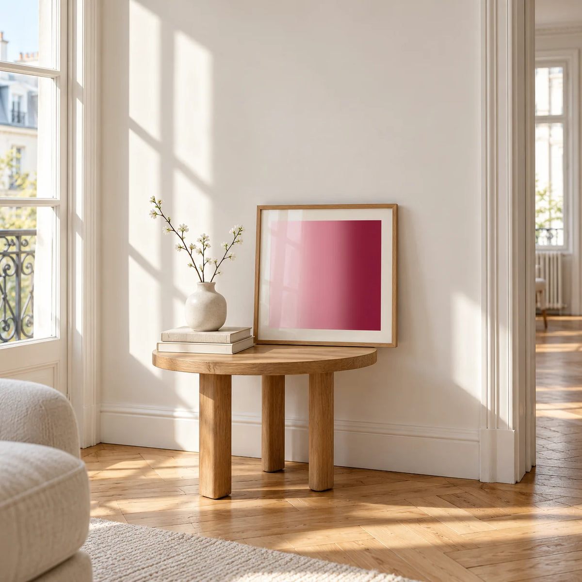 Dusty Rose Wall Art, a small square framed print leaning on a small solid oak side table