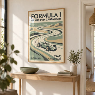 Dutch Coastal Circuit Poster, framed on the wall of a bright hallway with a cream wall