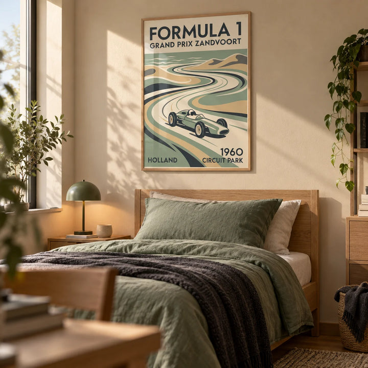 Dutch Coastal Circuit Poster, framed on the wall of a calm single bedroom for a young adult (18-25) with a sand beige wall