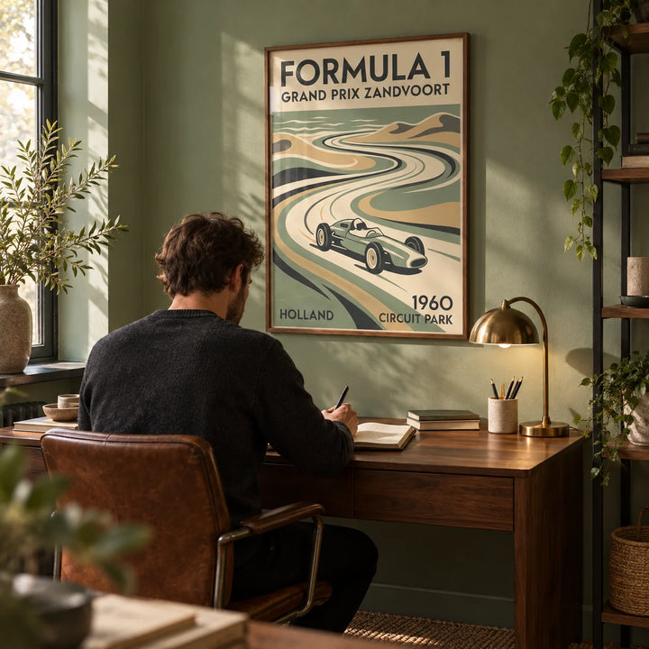 Dutch Coastal Circuit Poster, framed on the wall of a characterful home study with a sage green wall