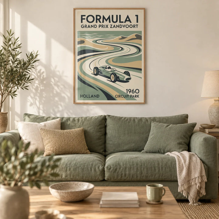 Dutch Coastal Circuit Poster, framed on the wall of a relaxed coastal living room with a warm white wall