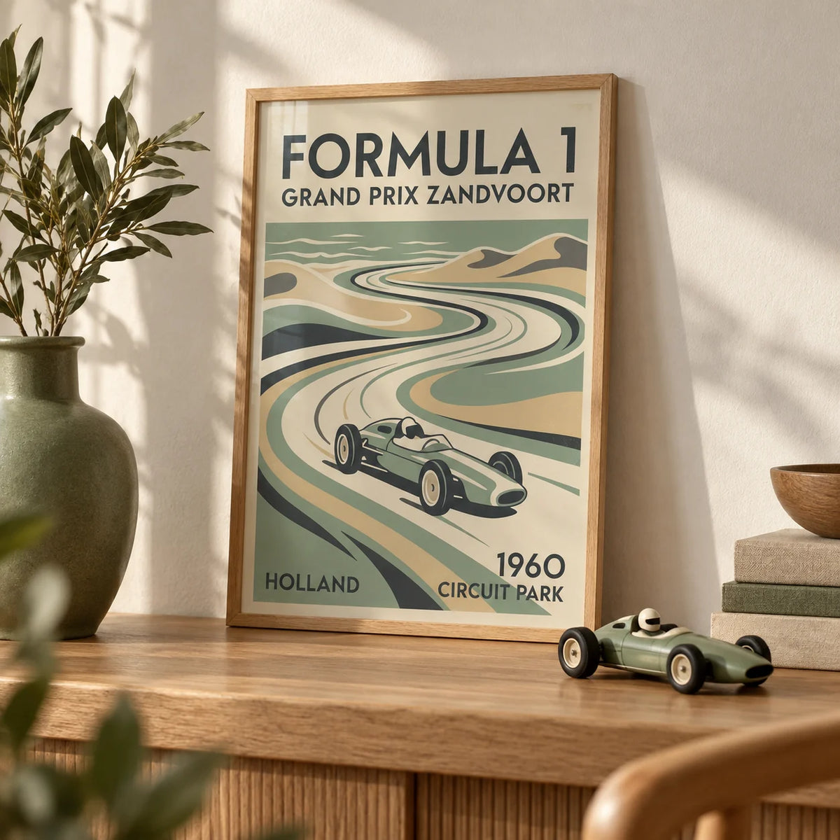 Dutch Coastal Circuit Poster, a small A4 framed print leaning on an oak shelf in a living room
