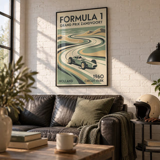 Dutch Coastal Circuit Poster, framed on the wall of a smart converted garage den with a white painted brick wall in a living room