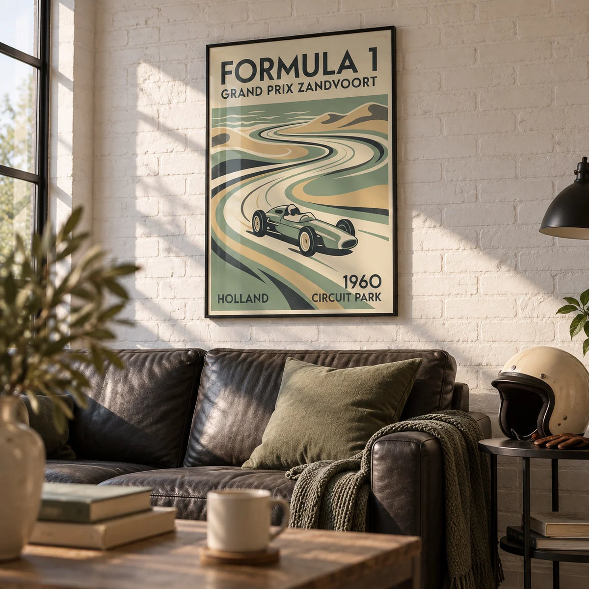 Dutch Coastal Circuit Poster, framed on the wall of a smart converted garage den with a white painted brick wall in a living room