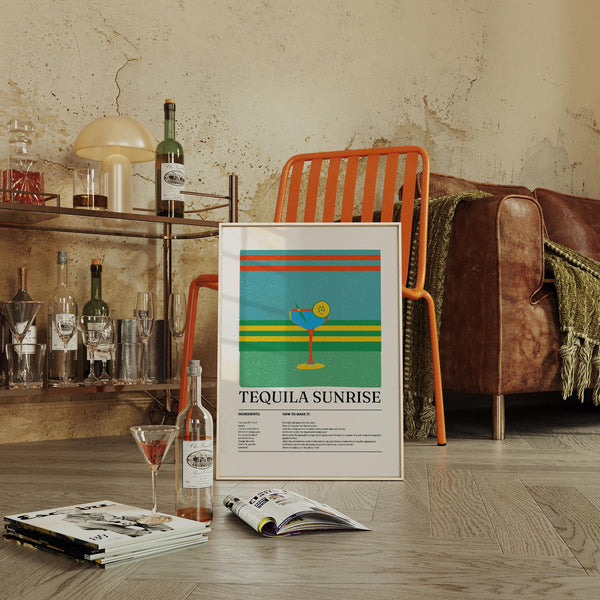 Fun and bold wall art featuring a tequila-based drink with orange juice and grenadine.