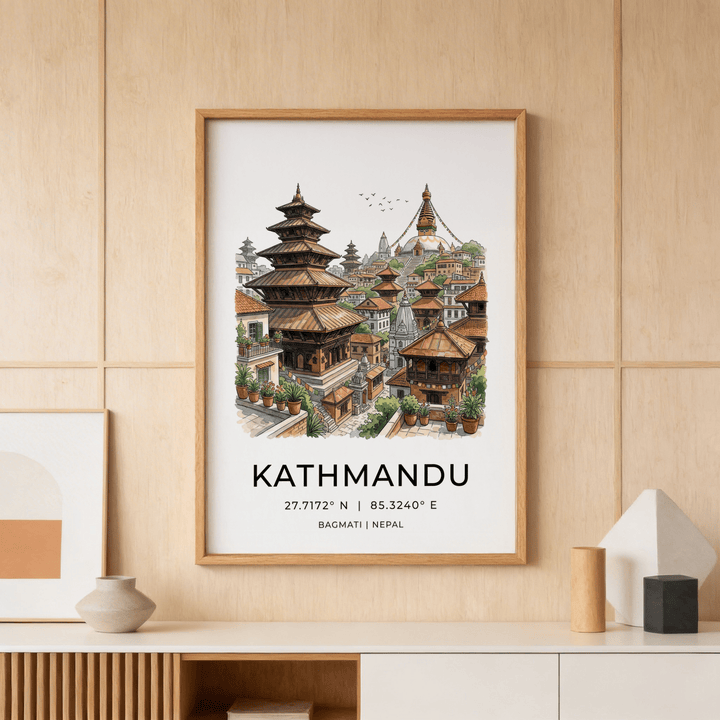 Kathmandu art print of temple buildings with terracotta roofs in a wood framed print