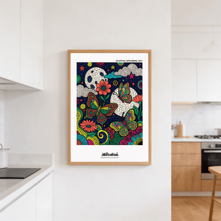 Macro view of swirling plant lines beneath patterned butterflies in graphic print