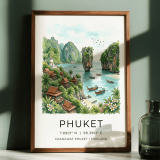 Bay scene wall art print with longtail boats, rocky islets, and distant hills