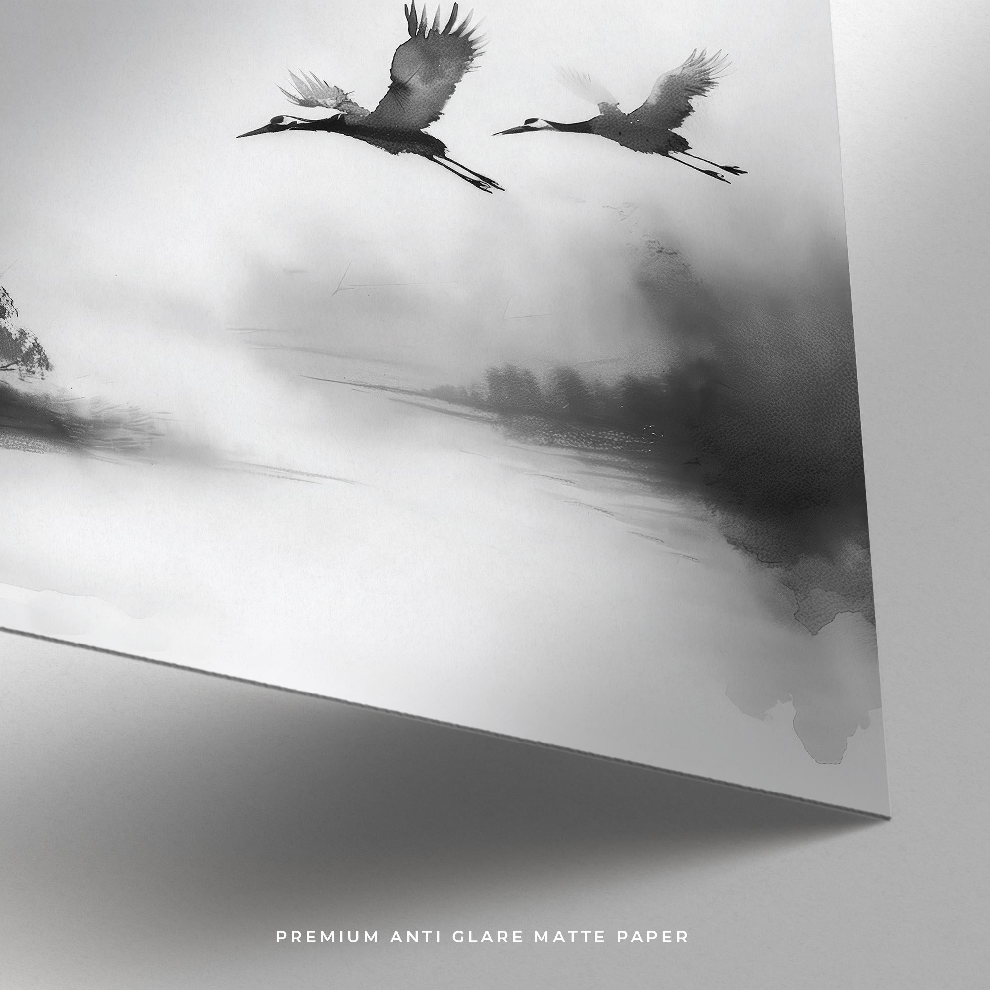 Japanese Cranes Flying Art | Ink Crane Lake Scene